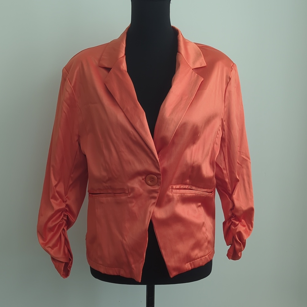 Last Kiss Coral Orange Satin Ruched Sleeve Blazer Single Button Jacket XL